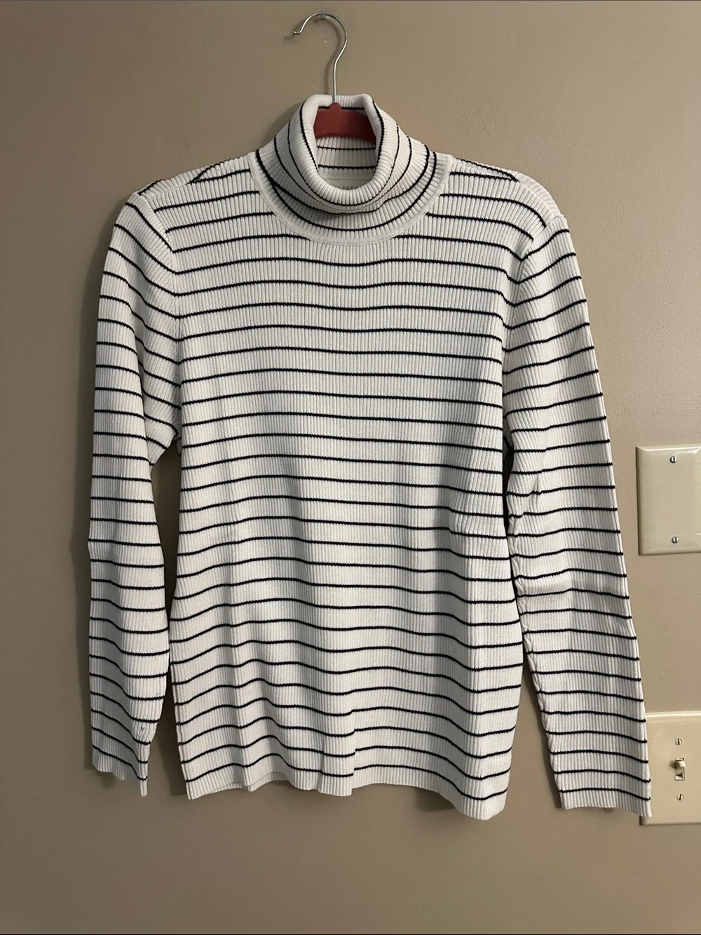 Appleseed's White and Black Striped Turtleneck Sweater
